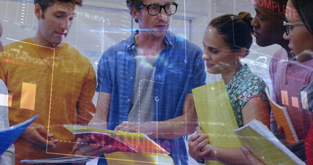 Image of statistics and financial data processing over business people