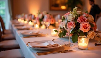 Elegant wedding reception table setting with floral centerpiece, gold cutlery, and romantic lighting , luxury event, atmosphere, floral