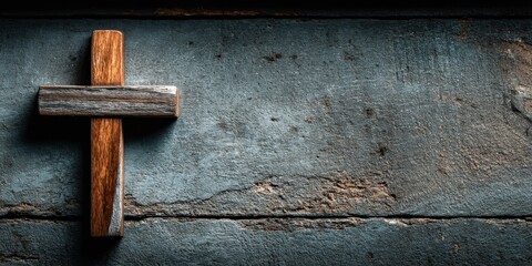 Wooden Cross on Textured Background: A rustic wooden cross stands boldly against a textured backdrop, conveying faith, reverence, and the enduring power of belief.