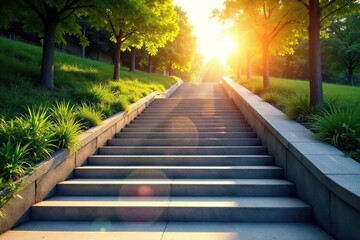 A long staircase ascending outdoors, sunlight illuminating the steps , outdoor, surface
