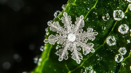 Extreme close-up of a snowflake resting on a leaf, highlighting the intricate and unique crystal structure