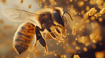 Macro shot of a honeybee collecting pollen, focusing on the tiny pollen grains stuck to its fuzzy legs and body