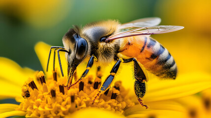 Macro shot of a honeybee collecting pollen, focusing on the tiny pollen grains stuck to its fuzzy legs and body