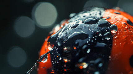 Macro shot of a ladybug's glossy shell, with tiny water droplets clinging to its surface and reflecting light