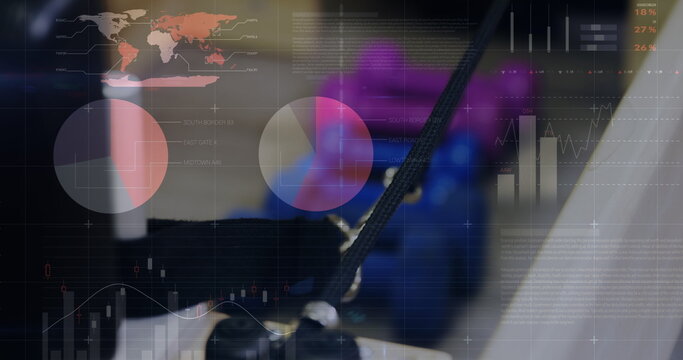 Image of statistics and data processing over busy city street