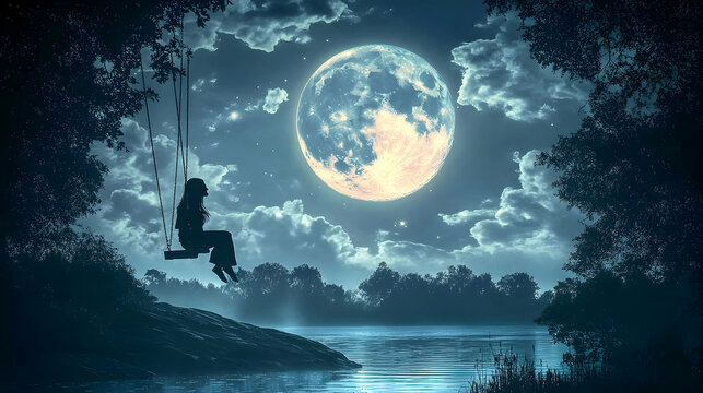 Silhouetted figure sits on a swing by a lake under a large moon at night