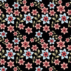 Obraz premium Trendy floral seamless pattern. Simple red and beige daisy. Spring flower template for packaging, postcards, textile printing, wallpaper. Hand drawn illustration isolated on white background
