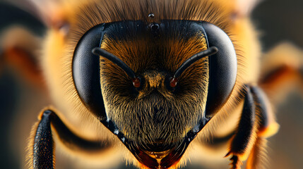 Ultra close-up of a honeybee's compound eyes, showing the intricate patterns and reflective surfaces with fine hairs around its face