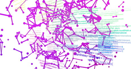 Image of network of connections and data processing over white background