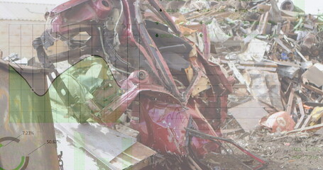 Image of financial data processing over diverse business people with headsets