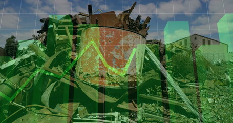 Image of financial data processing over junkyard