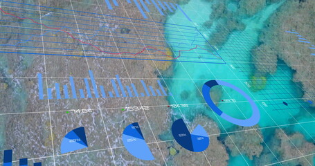 Image of financial data processing over cityscape