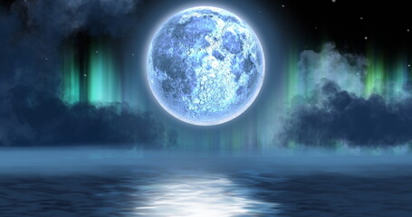 Image of globe over northern lights and lake