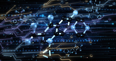 Image of data processing and molecule on black background