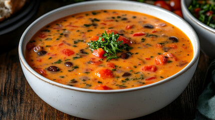 Creamy roasted red pepper and black bean soup, garnished with fresh parsley