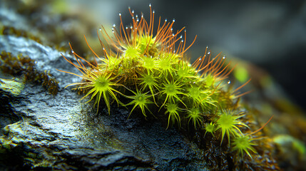 Ultra macro shot of moss on a rock, with dew-covered tendrils and fine details of the tiny ecosystem