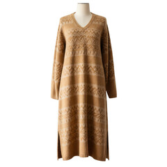 Long sleeve tan dress isolated on transparent background for fashion design and e-commerce.