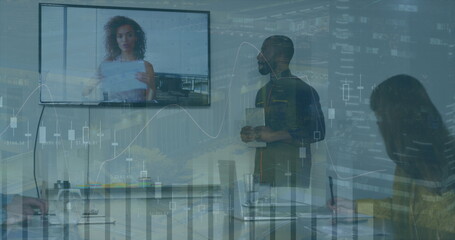 Image of data processing over diverse business people using phone headsets