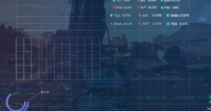 Image of financial data processing and statistics over landfill site