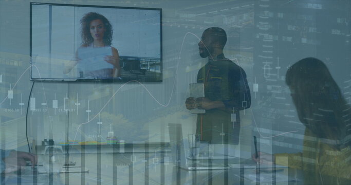 Image of data processing over diverse business people using phone headsets