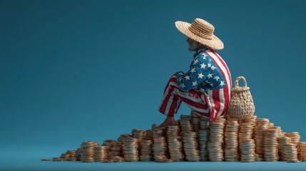 Fototapeta premium Contemplation of Wealth: A figure draped in patriotic attire sits atop a mountain of coins, lost in introspection, alongside a woven bag. This thought-provoking image evokes themes of wealth.