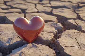 Fototapeta premium Heart symbol emerging cracked earth symbolizing humanitarian efforts in drought zones rendered in surreal digital art style with realistic textures