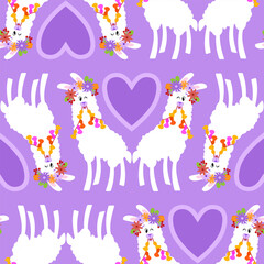 Cute llamas with flower wreaths with hearts on purple background