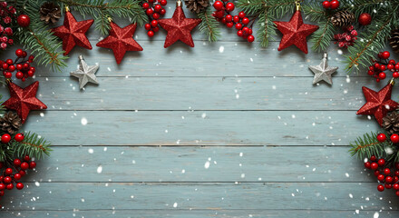 Christmas Stars Berries Fir Branch Holiday Wood Background Decoration