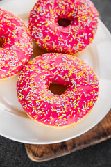 Donut sweet dessert fast food snack sweets fresh delicious gourmet food background on the table rustic food top view copy space