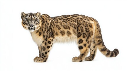 Majestic snow leopard standing gracefully with stunning fur markings, posing for the camera