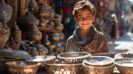A cheerful boy poses proudly among handcrafted pottery in a vibrant marketplace. Natural light enhances the scene.