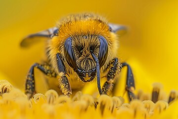 A close-up of a bee pollinating a vibrant yellow flower, showcasing nature's intricate details and beauty.
