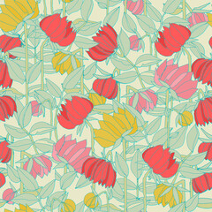 Seamless pattern with hand drawn meadow bold flowers. Colorful illustrations on blue background for surface design and other design projects