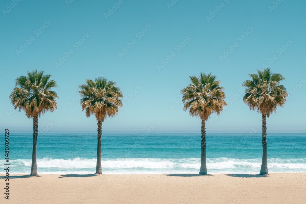 Poster five palm trees lined along the shoreline under a clear sky with calm ocean waves lapping at the san