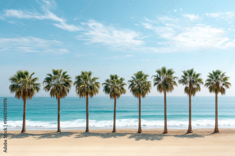 Poster five palm trees lined along the shoreline under a clear sky with calm ocean waves lapping at the san