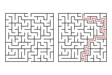 Square maze, a simple logic game with labyrinths with Included Solution. Maze coloring page