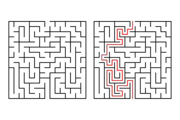Square maze, a simple logic game with labyrinths with Included Solution. Maze coloring page