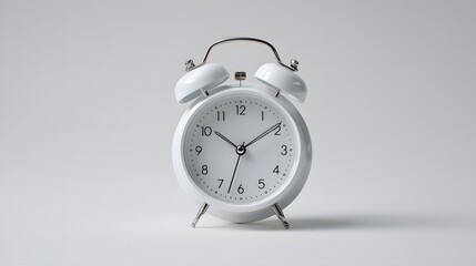 A pristine white alarm clock, captured in a studio shot on a plain gray background.