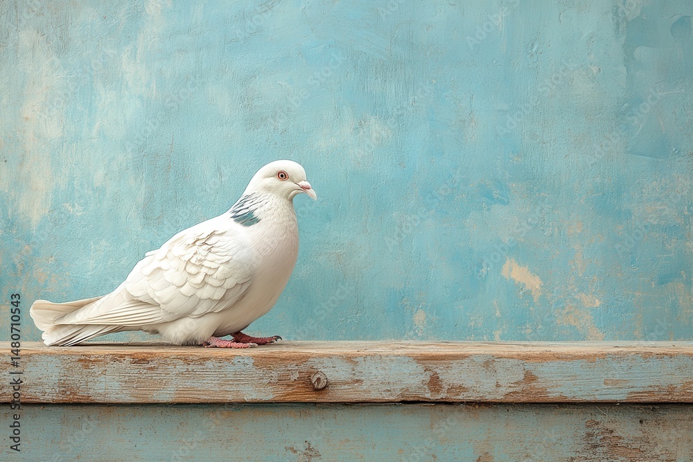 Aufkleber white pigeon perched on a weathered wall against a serene blue background during a calm daytime sett