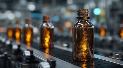 A bottle of amber colored liquid is on a conveyor belt