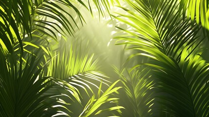 Lush tropical foliage illuminating a dense jungle.