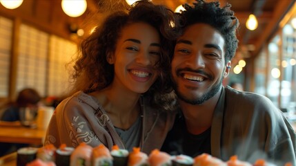 Obraz premium A happy couple enjoying sushi at a cozy restaurant, embodying joy and culinary delight.