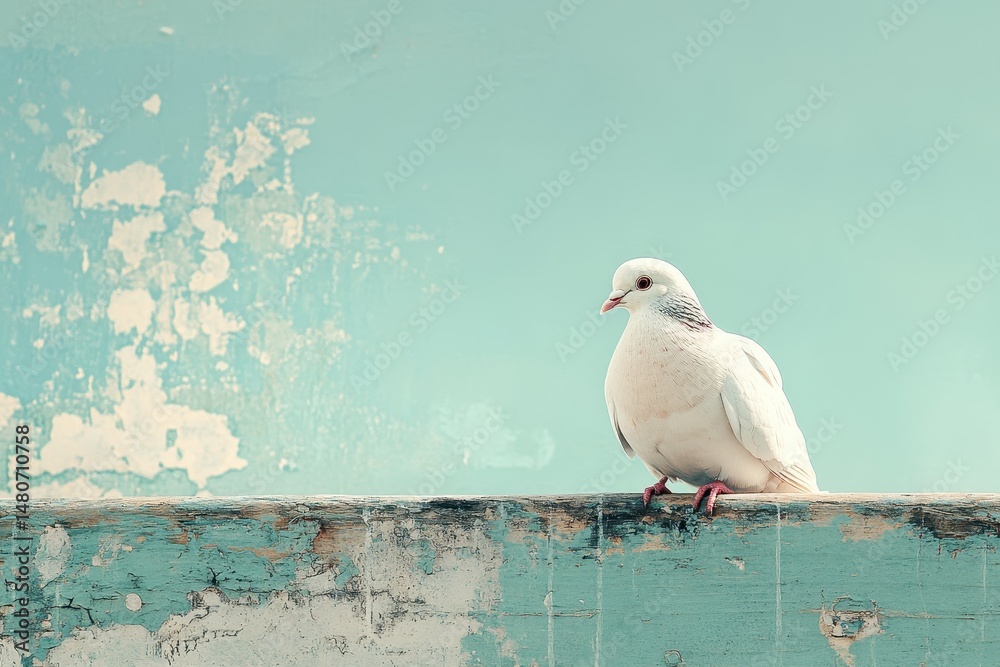 Aufkleber white pigeon perched on a weathered wall against a serene blue background during a calm daytime sett