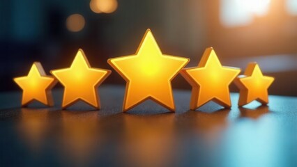 Fototapeta premium Gold five star rating feedback on virtual sreen. Customer review satisfaction feedback.Concept of satisfaction, quality and performance..