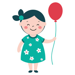 Smiling Baby Girl in Floral Dress with Balloon – Flat Vector for Greeting Cards & Nursery Posters.