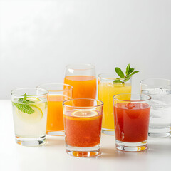 A variety of colorful beverages in clear glasses arranged on a white surface in a studio setting