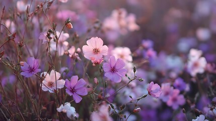 Pastel Pink and Purple Wildflowers in Soft Focus .