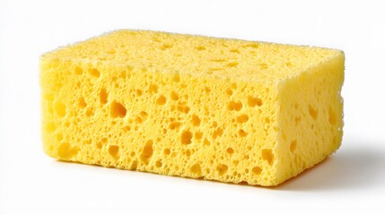 Bright yellow sponge on a clean white background, suitable for various cleaning tasks.