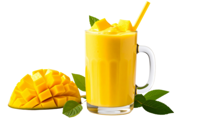  milk shake of mangoes in glass mug isolated on solid white background in Png format 