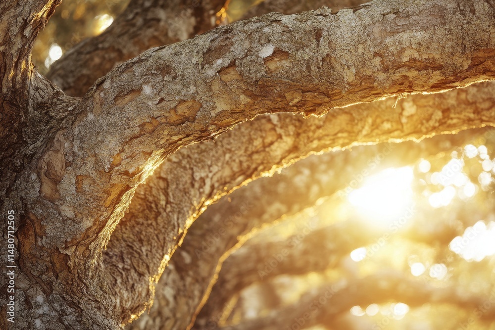 Poster sunlight filtering through lush green leaves of a towering tree on a sunny day in a serene outdoor s